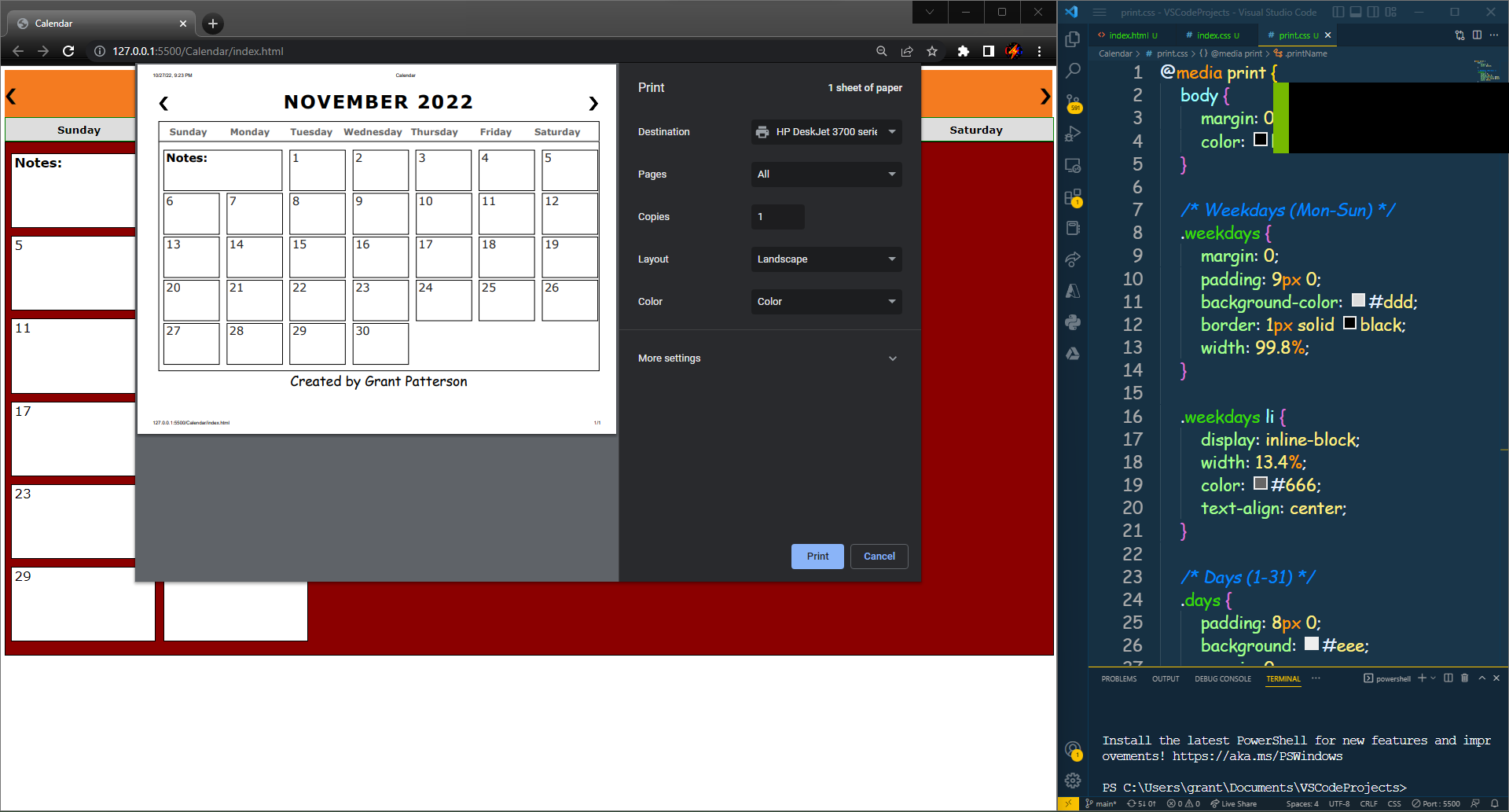 Calendar Print Preview